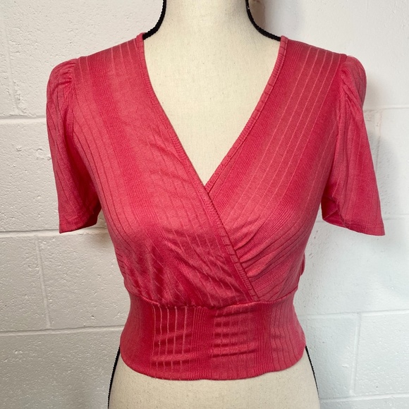 Better Be Coral Cropped Puff Sleeve Wrap Shirt - Picture 1 of 10